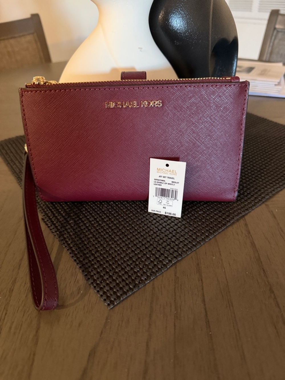 Michael Kors Burgundy Lg Double Zip Saffiano Leather Zip Card Case Wristlet
